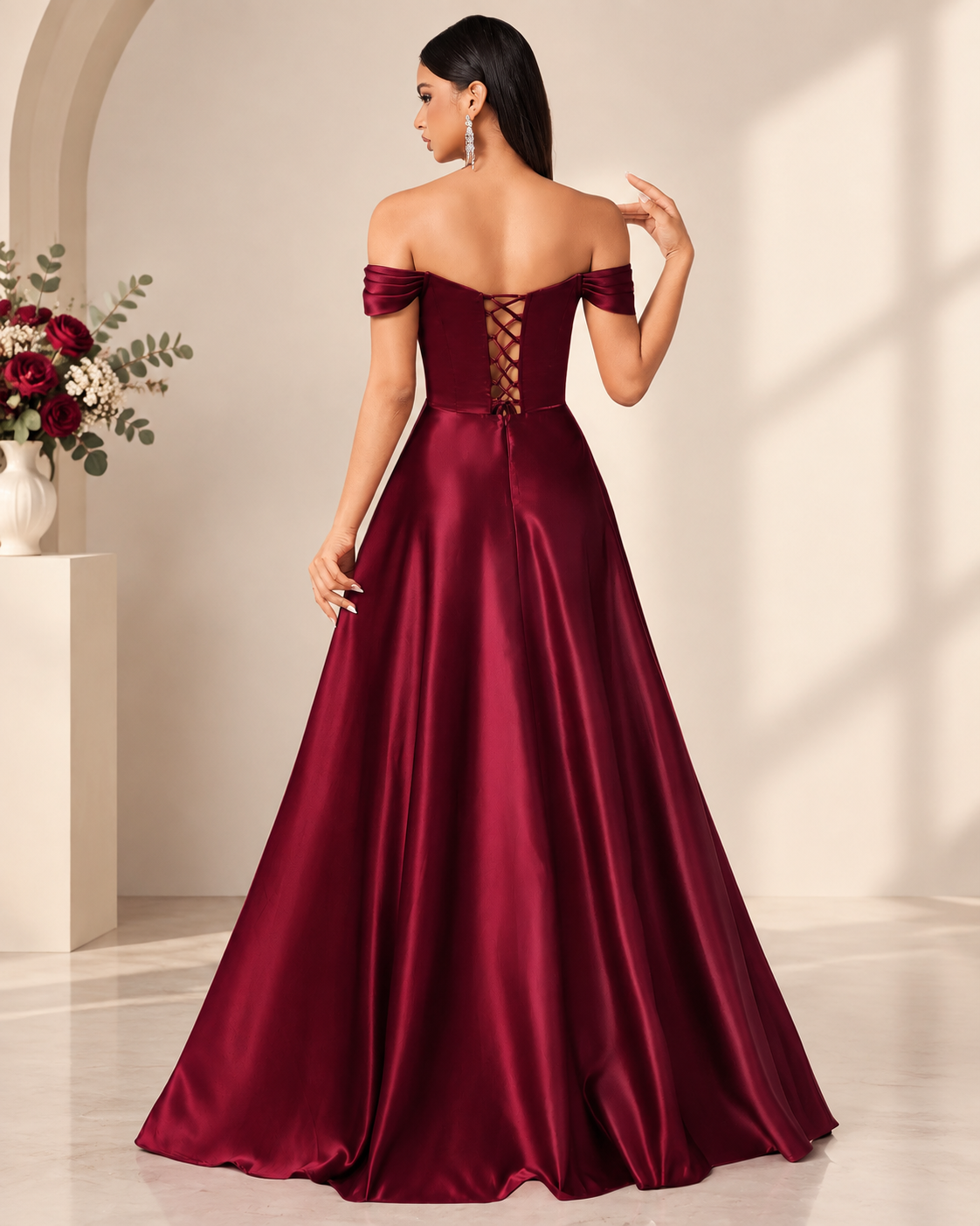 Satin Off-Shoulder Sweetheart Drape Lace-Up A-Line Gown XU00171 - Burgundy Back View