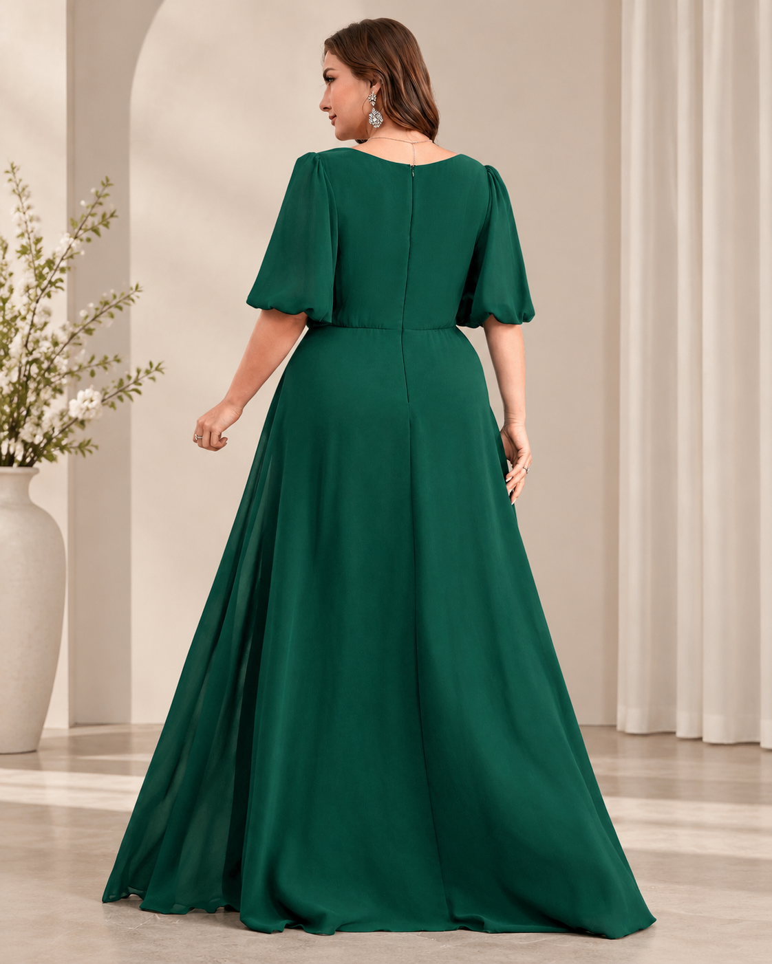 Chiffon Square Neck Puff Sleeve Empire Waist A-Line Floor-Length Mother of the Bride Dress XU00176 - Emerald Back View