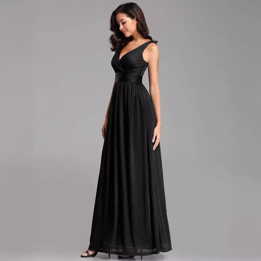 V-Neck Sleeveless Pleated Surplice Bust Banded Empire Waist V-Back Glitter Mesh A-Line Floor-Length Evening Dress - Black, Side