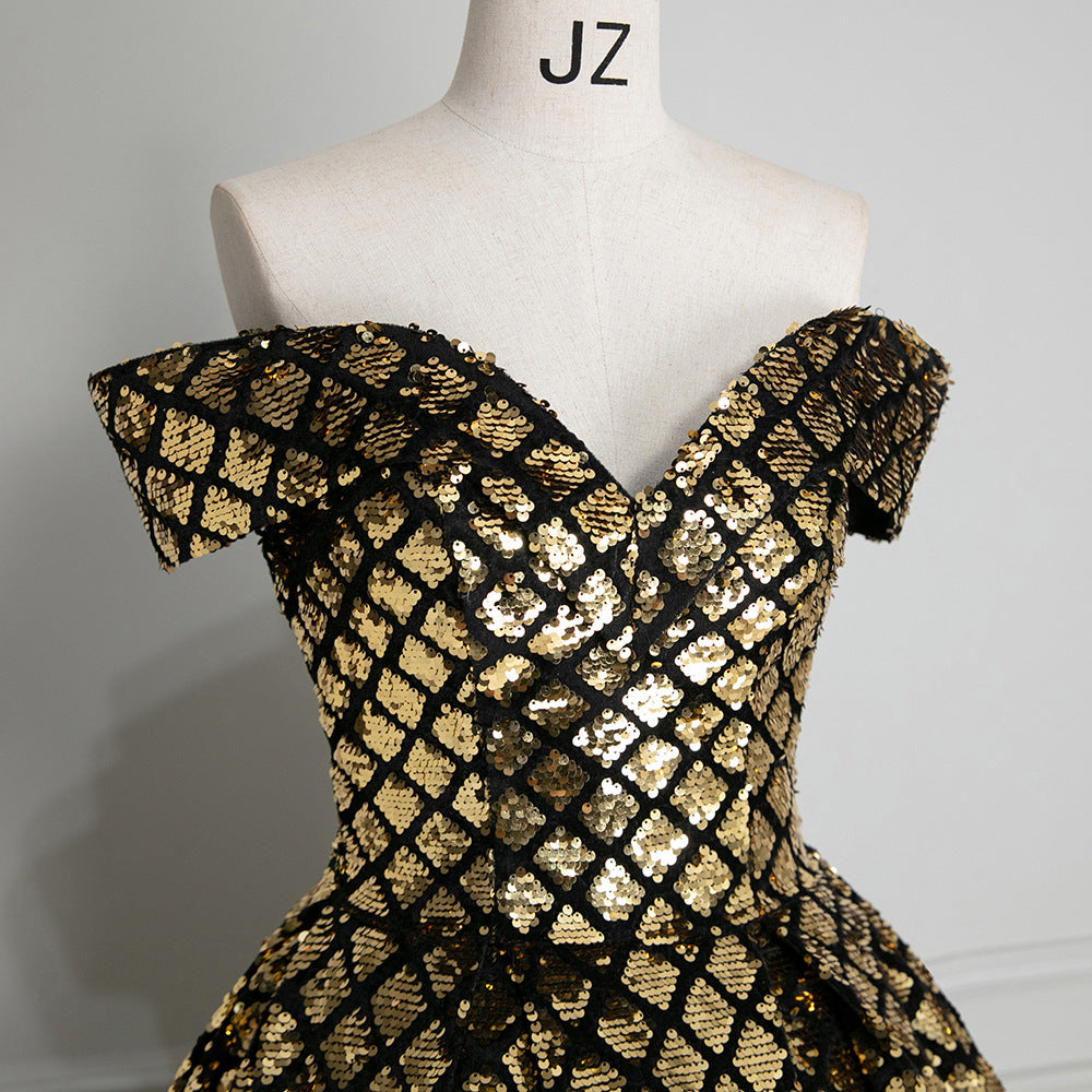 XU00132 Sweetheart Off-Shoulder Sequin Ball Gown - Bodice Detail - Black with Gold diamond sequin