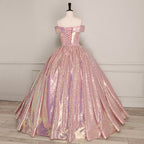 XU00133 Sweetheart Off-Shoulder Iridescent Rainbow Sequin Ball Gown - Lace-Up Back - Iridescent