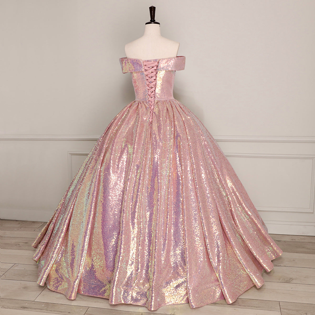 XU00133 Sweetheart Off-Shoulder Iridescent Rainbow Sequin Ball Gown - Lace-Up Back - Iridescent