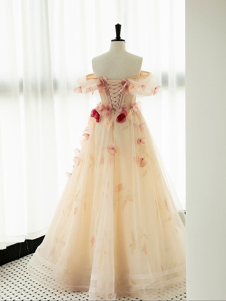 Champagne Tulle 3D Floral Evening Gown - Lace-Up Back View