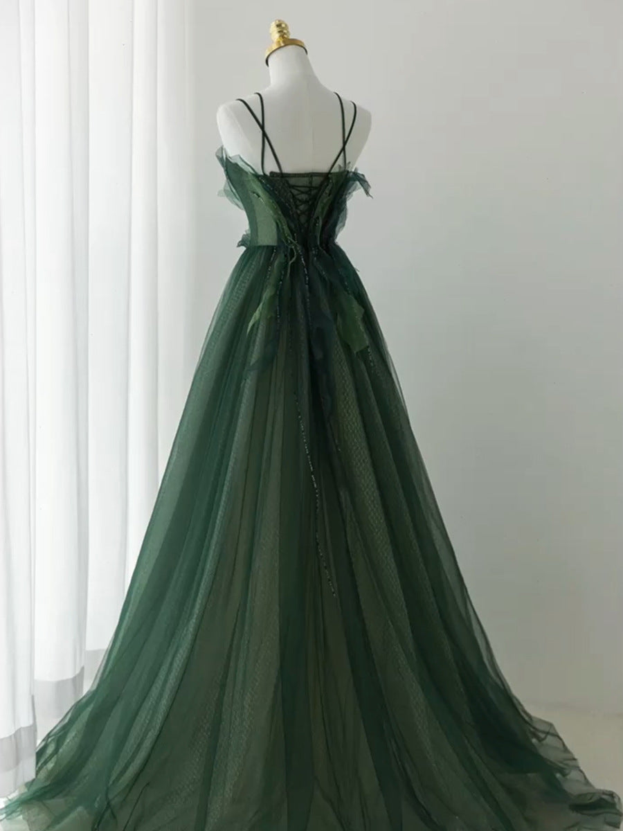 Dark Green Tulle Spaghetti Strap Leaf Appliqué Evening Gown - Back View Lace-Up