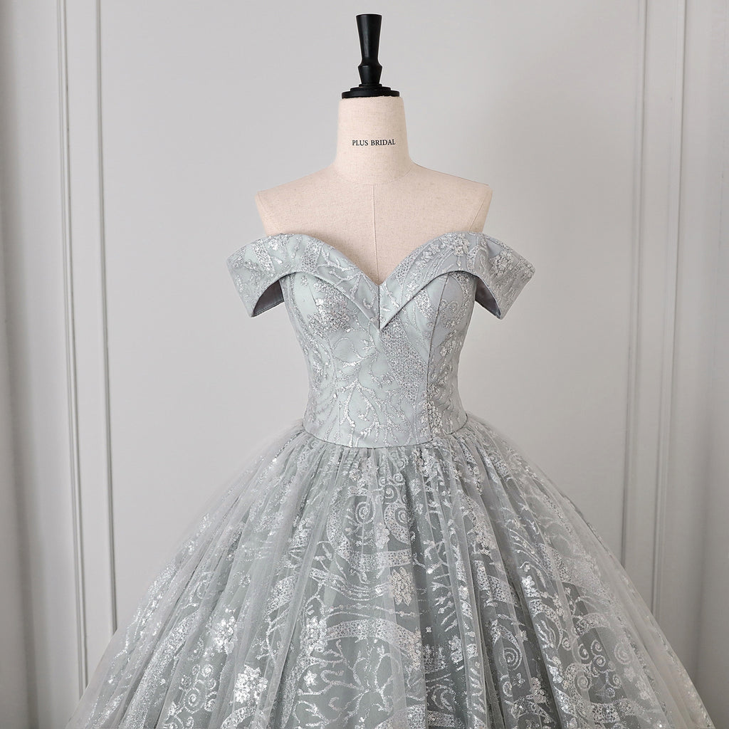 Silver Glitter Tulle Sequined Paisley Off-Shoulder Ball Gown - Bodice Detail