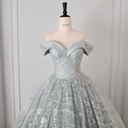 Silver Glitter Tulle Sequined Paisley Off-Shoulder Ball Gown - Bodice Detail