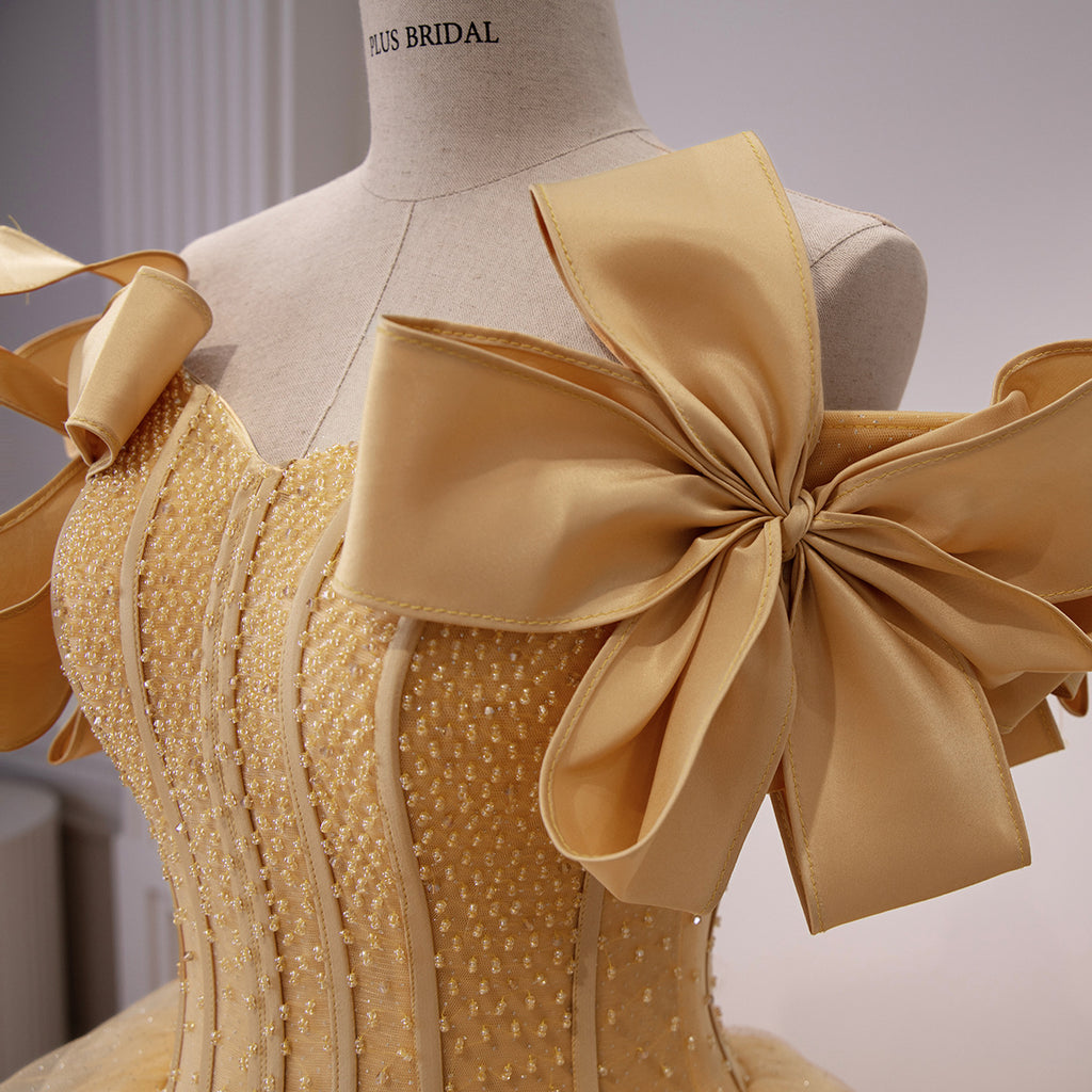 Yellow Glitter Tulle Off-Shoulder Bow Sleeves Ball Gown - Bow Bodice Detail