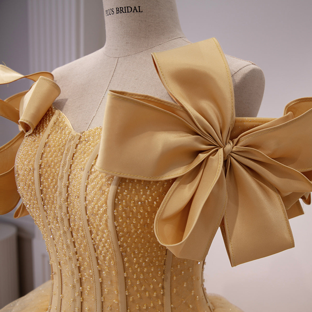 Yellow Glitter Tulle Off-Shoulder Bow Sleeves Ball Gown - Bow Bodice Detail