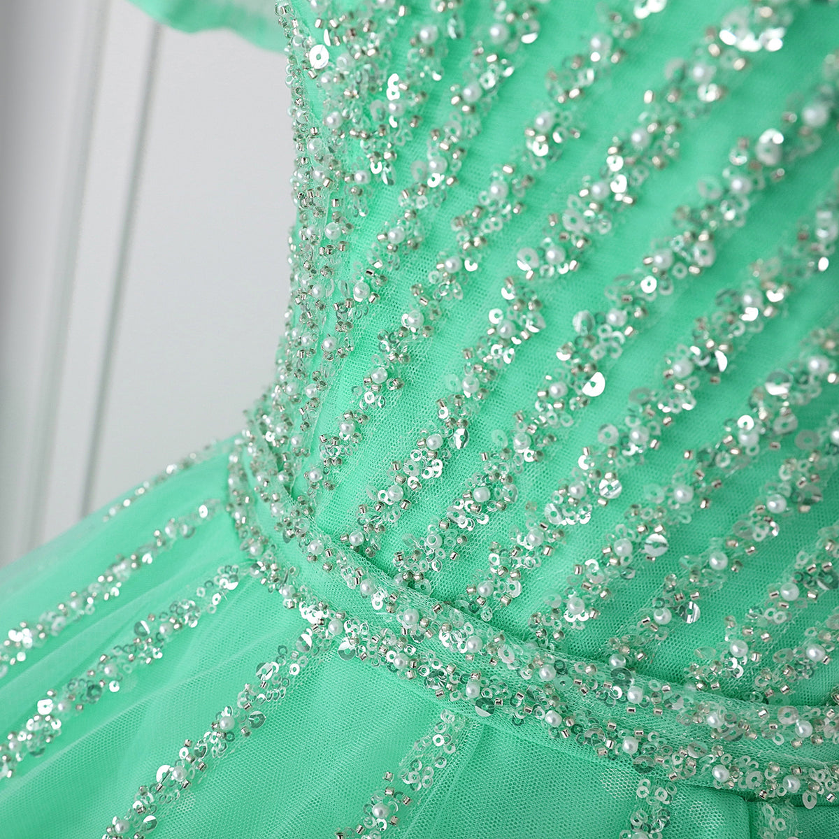 Mint Green Beaded Bodice Stripe Detail Close-up