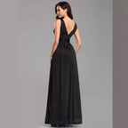 V-Neck Sleeveless Pleated Surplice Bust Banded Empire Waist V-Back Glitter Mesh A-Line Floor-Length Evening Dress - Black, Back