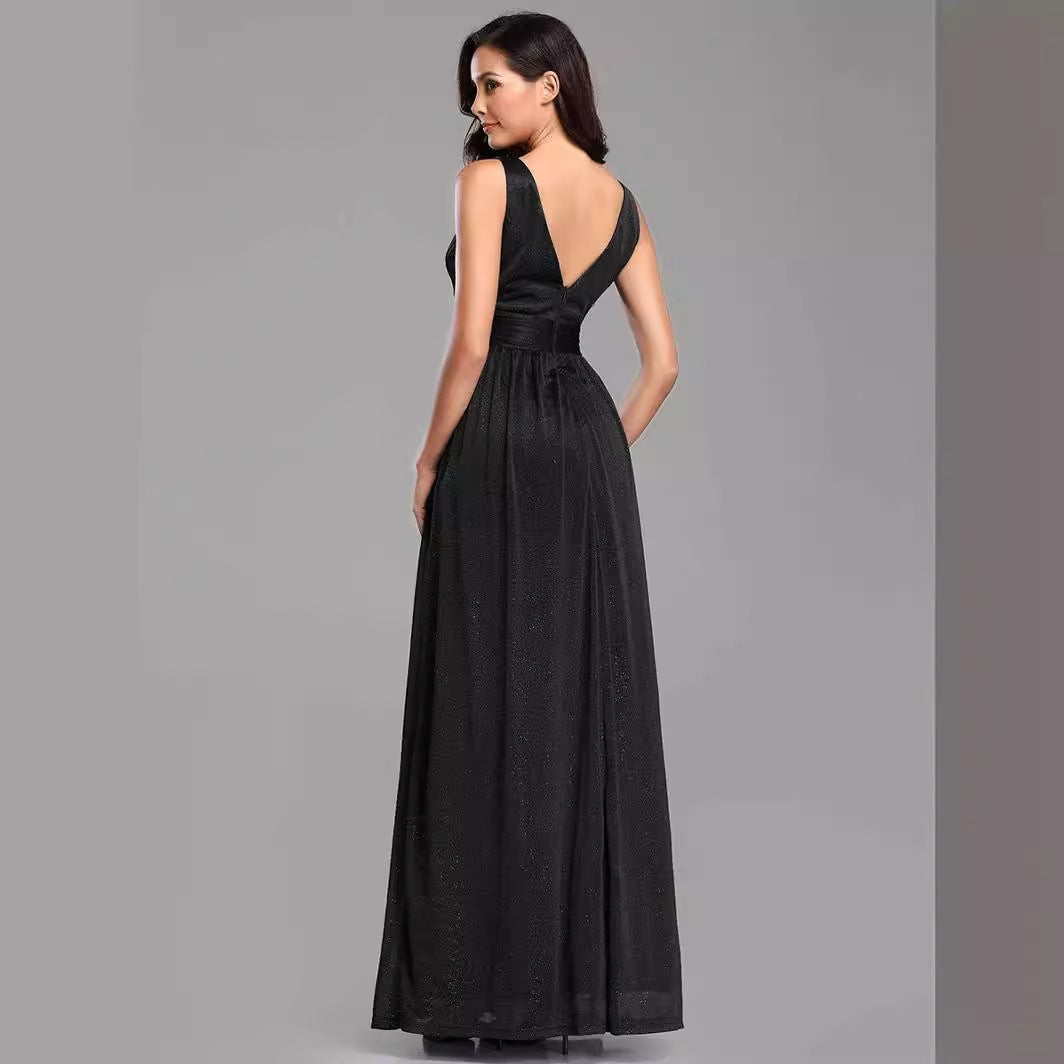 V-Neck Sleeveless Pleated Surplice Bust Banded Empire Waist V-Back Glitter Mesh A-Line Floor-Length Evening Dress - Black, Back