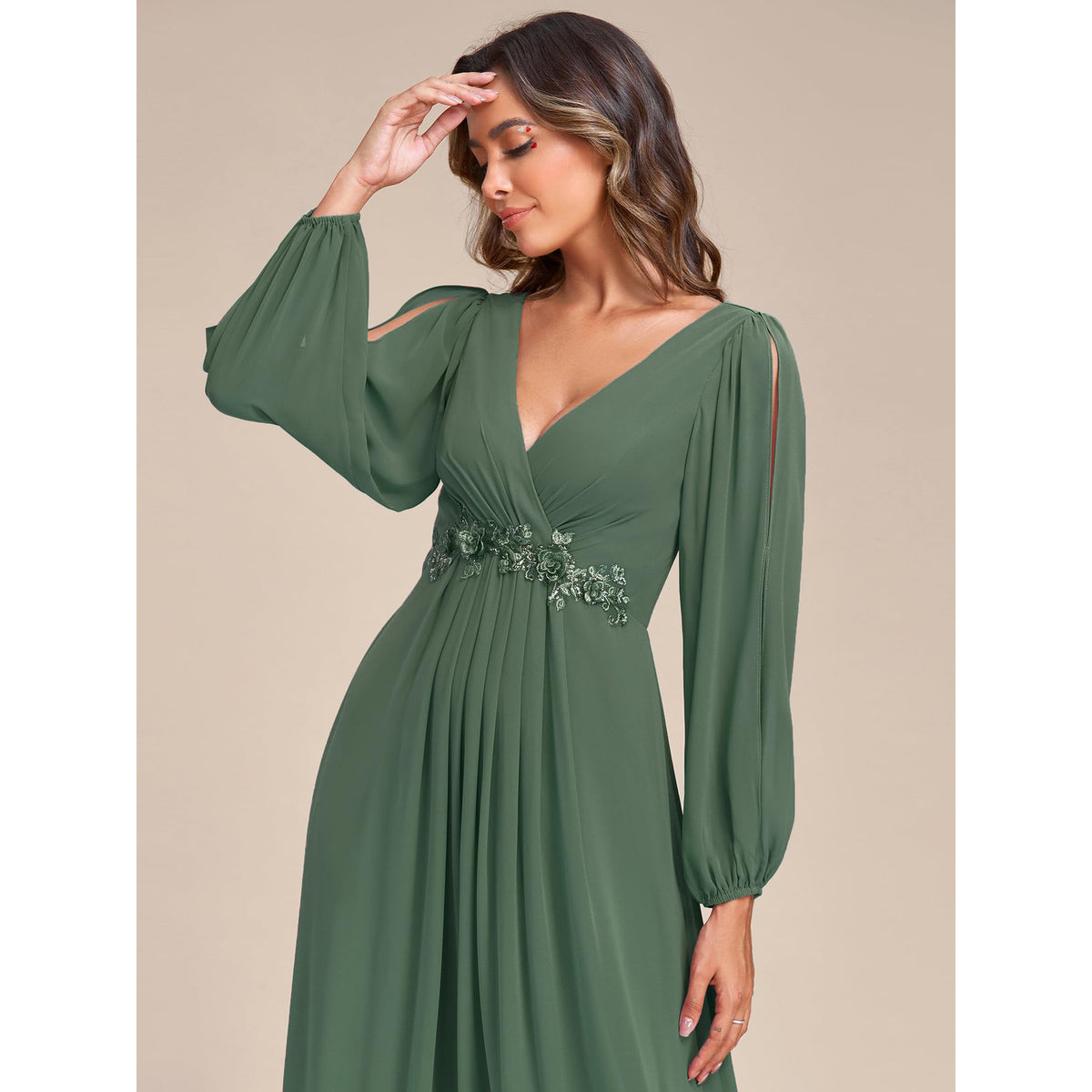 V-Neck Cold Shoulder Bishop Sleeve Ruched Bodice Beaded Lace Appliqués A-Line Floor-Length Chiffon Bridesmaid Dress - Sage Green, Beaded Lace Detail