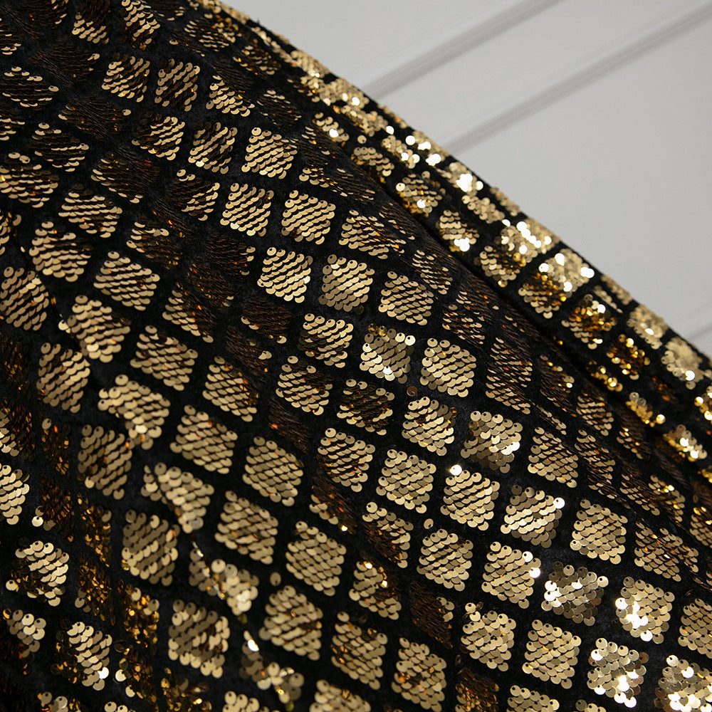XU00132 Sweetheart Off-Shoulder Sequin Ball Gown - Fabric Detail - Black and Gold diamond sequin pattern