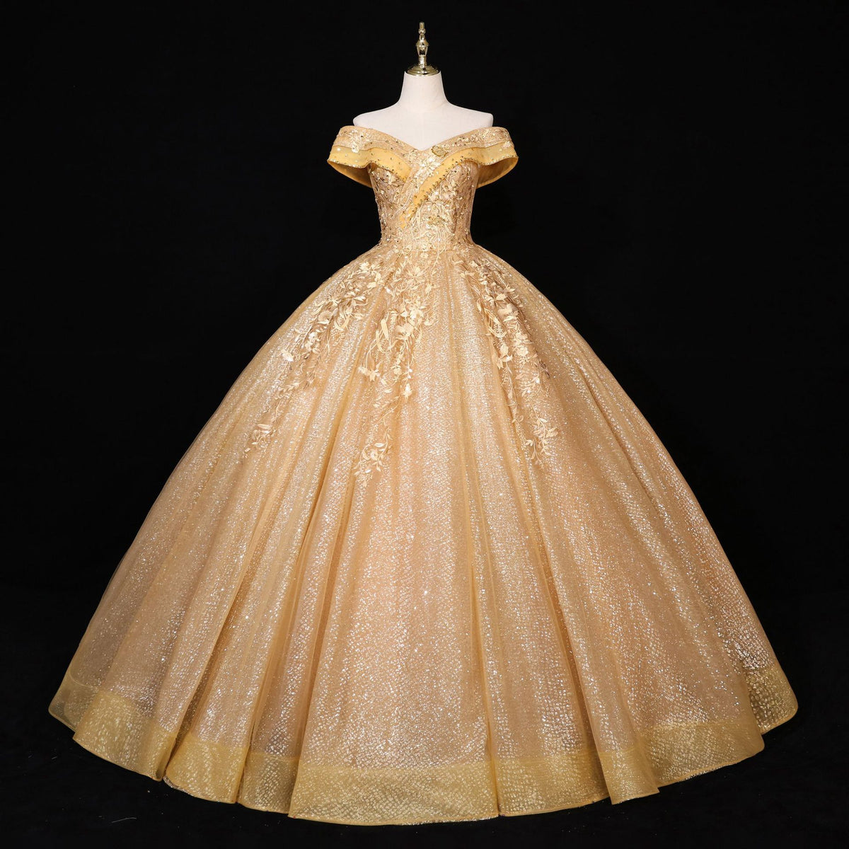 Gold Glitter Sequin Ball Gown with 3D Floral Appliqués - Full Front View