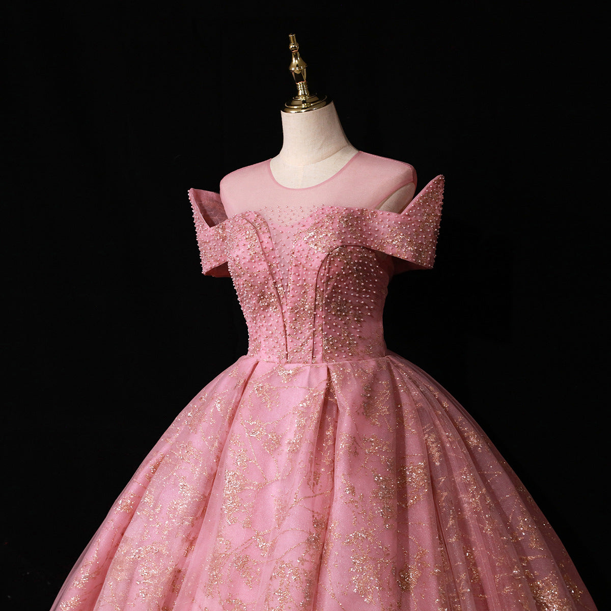 Pink Beaded Off-Shoulder Glitter Tulle Ball Gown - Bodice Detail
