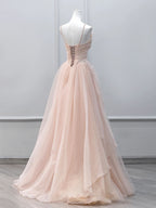 Pink Glitter Tulle Spaghetti Strap Pleated Bodice Lace-Up Back A-Line Gown - Back View Lace-Up