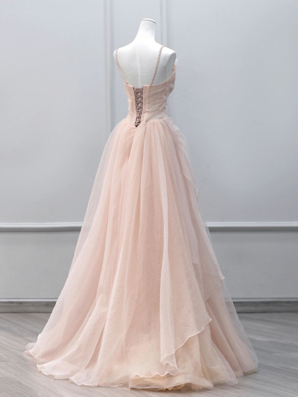 Pink Glitter Tulle Spaghetti Strap Pleated Bodice Lace-Up Back A-Line Gown - Back View Lace-Up