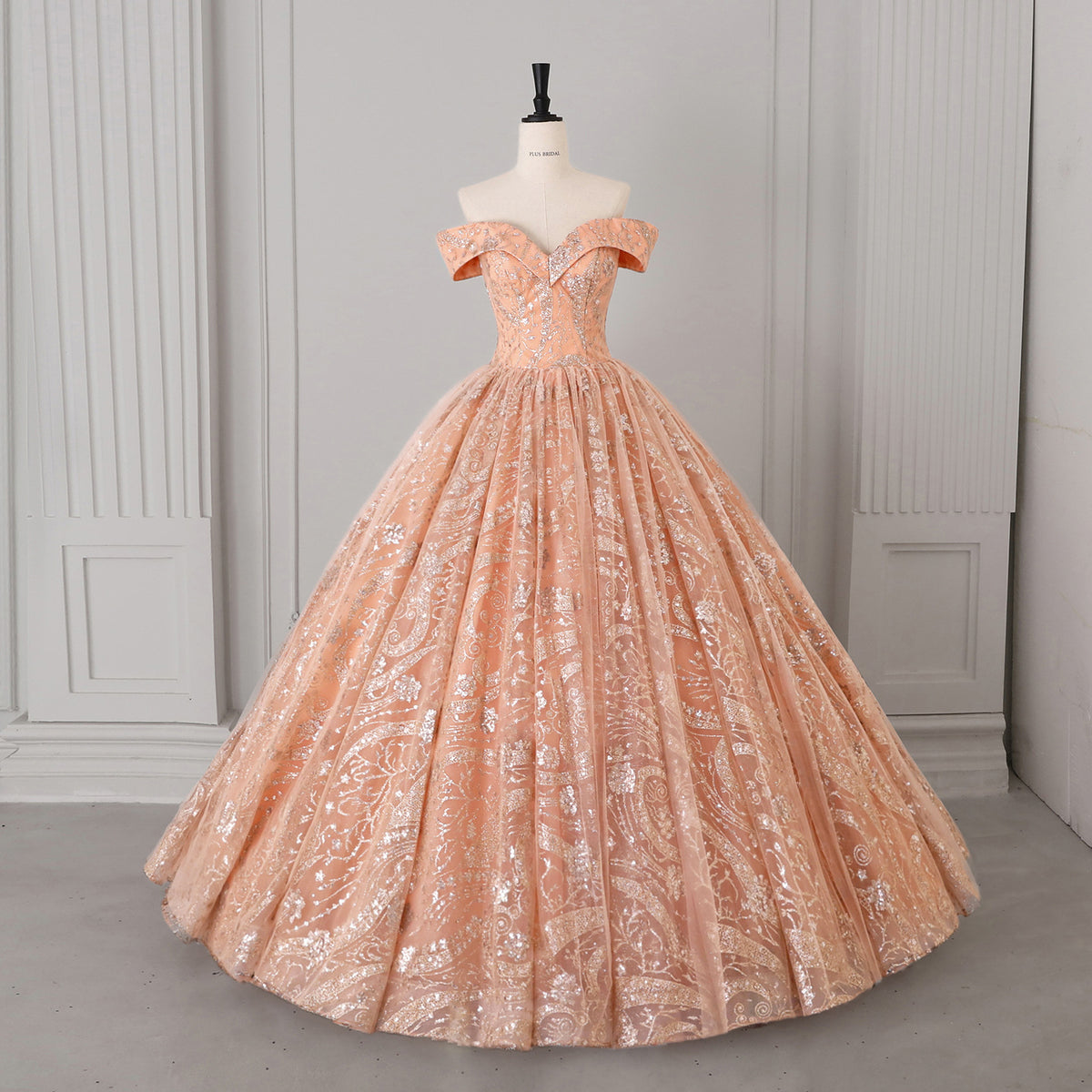Pink Glitter Tulle Sequined Paisley Off-Shoulder Ball Gown - Front View Mannequin