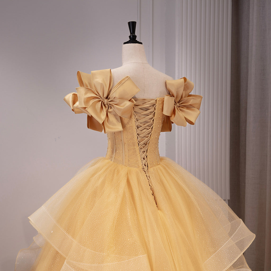 Yellow Glitter Tulle Off-Shoulder Bow Sleeves Ball Gown - Back View Lace-Up