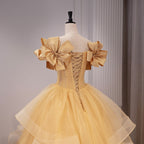 Yellow Glitter Tulle Off-Shoulder Bow Sleeves Ball Gown - Back View Lace-Up