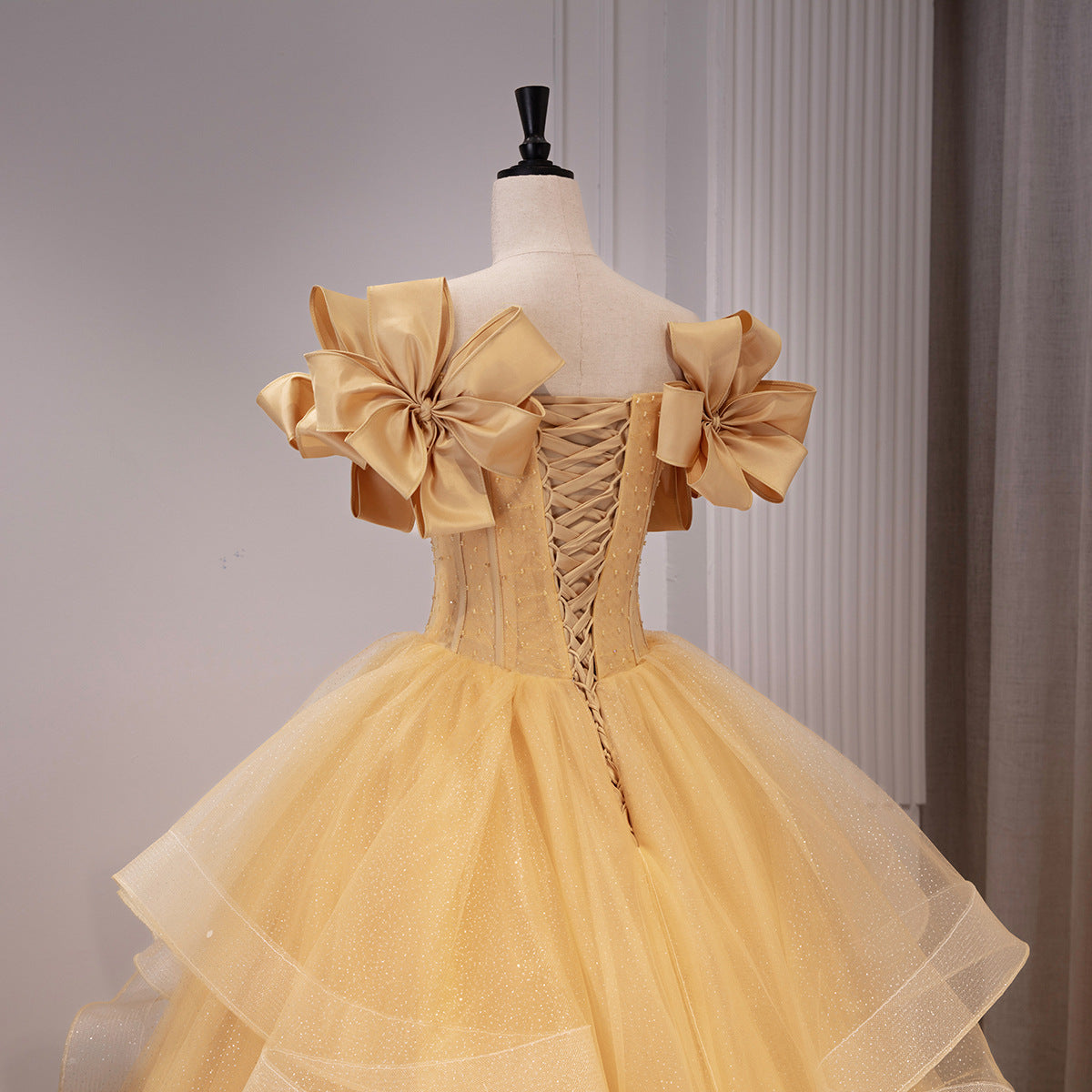 Yellow Glitter Tulle Off-Shoulder Bow Sleeves Ball Gown - Back View Lace-Up