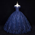 Navy Blue Sequin Peacock Feather Ball Gown - Front View Mannequin