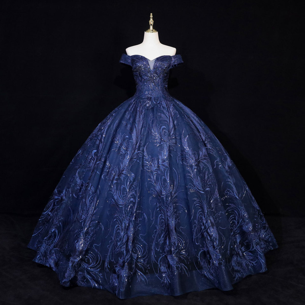 Navy Blue Sequin Peacock Feather Ball Gown - Front View Mannequin