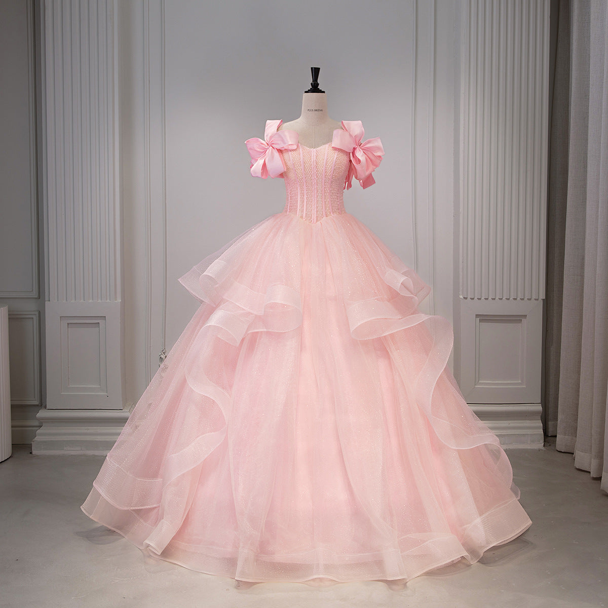 Pink Glitter Tulle Off-Shoulder Bow Sleeves Ball Gown - Front View Mannequin