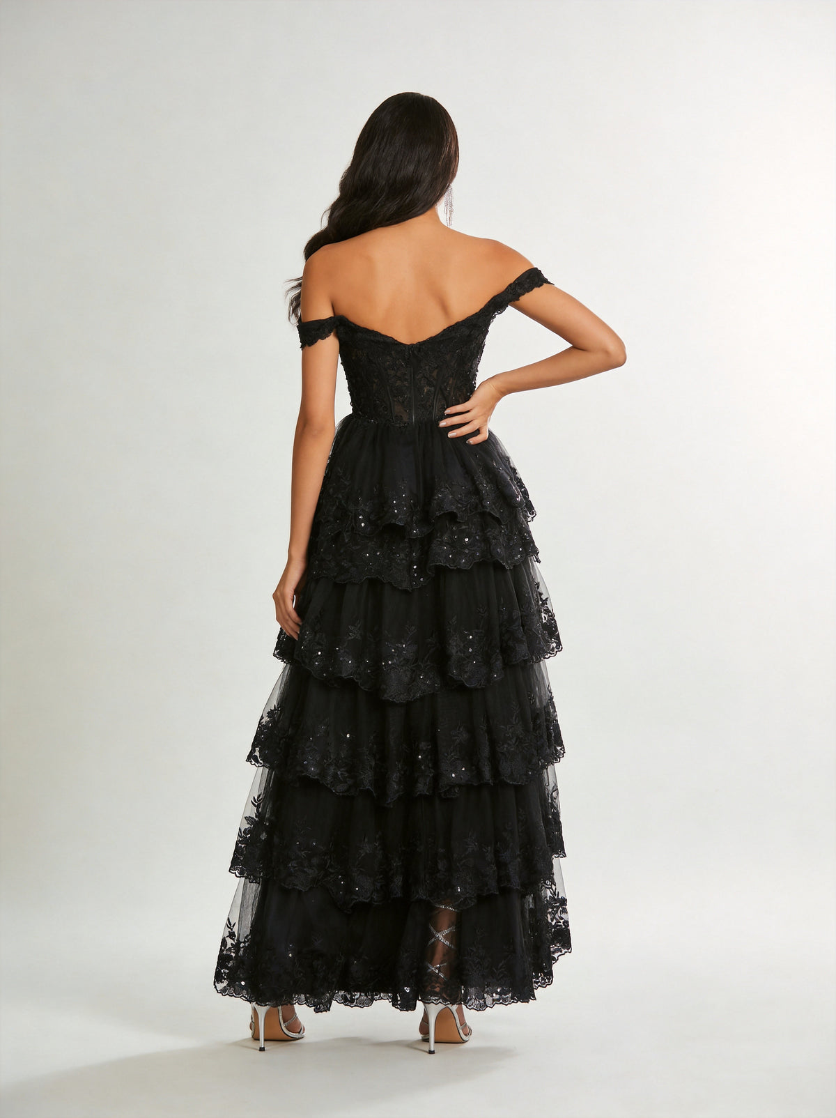 Off-the-Shoulder Tiered Lace Gown with Slit XU00007