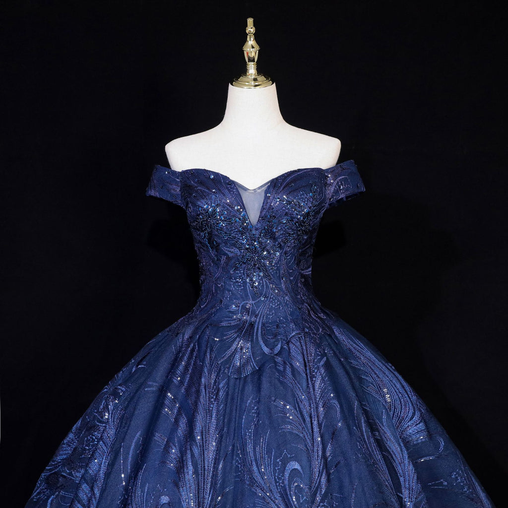 Navy Blue Sequin Peacock Feather Ball Gown - Bodice Detail
