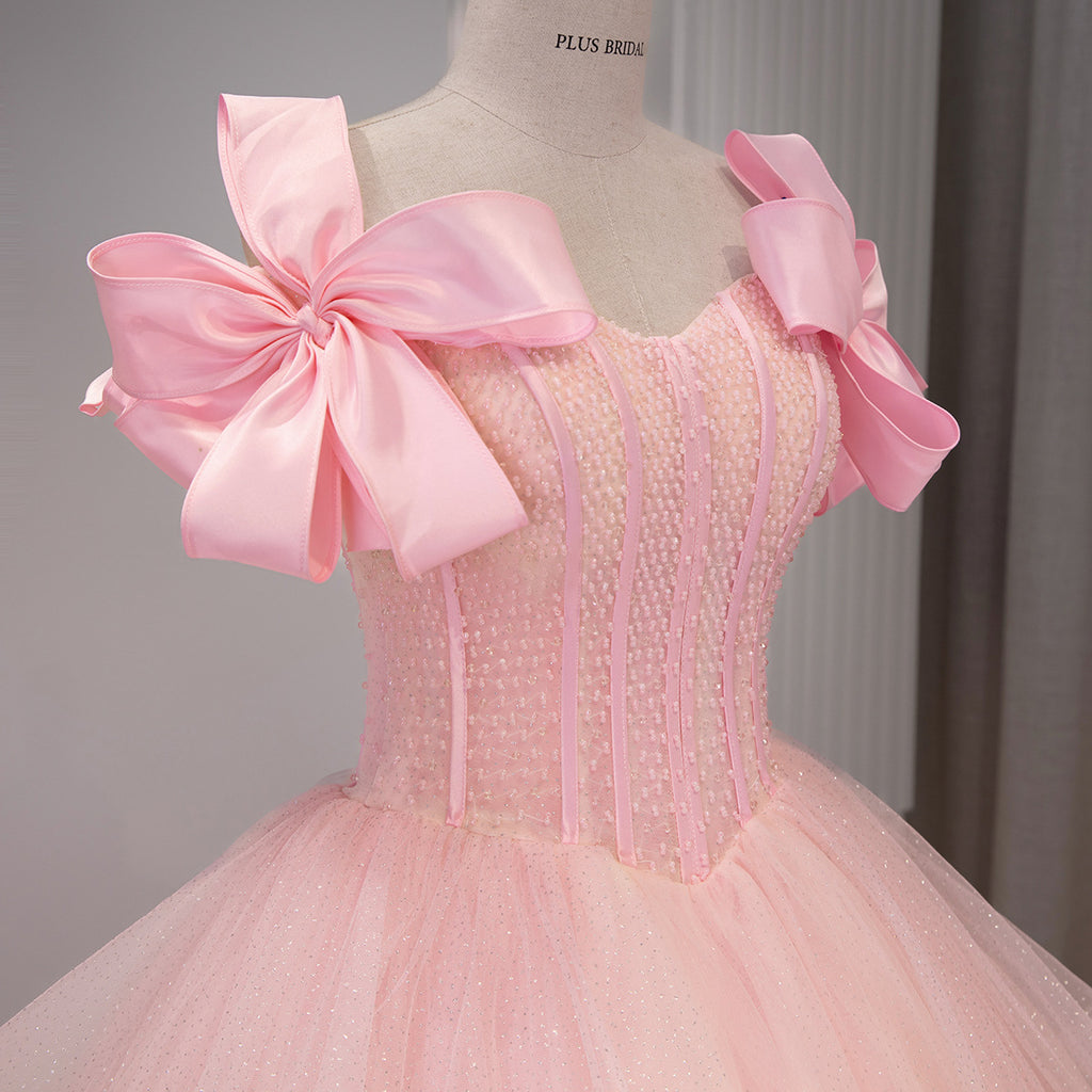 Pink Glitter Tulle Off-Shoulder Bow Sleeves Ball Gown - Bow Bodice Detail
