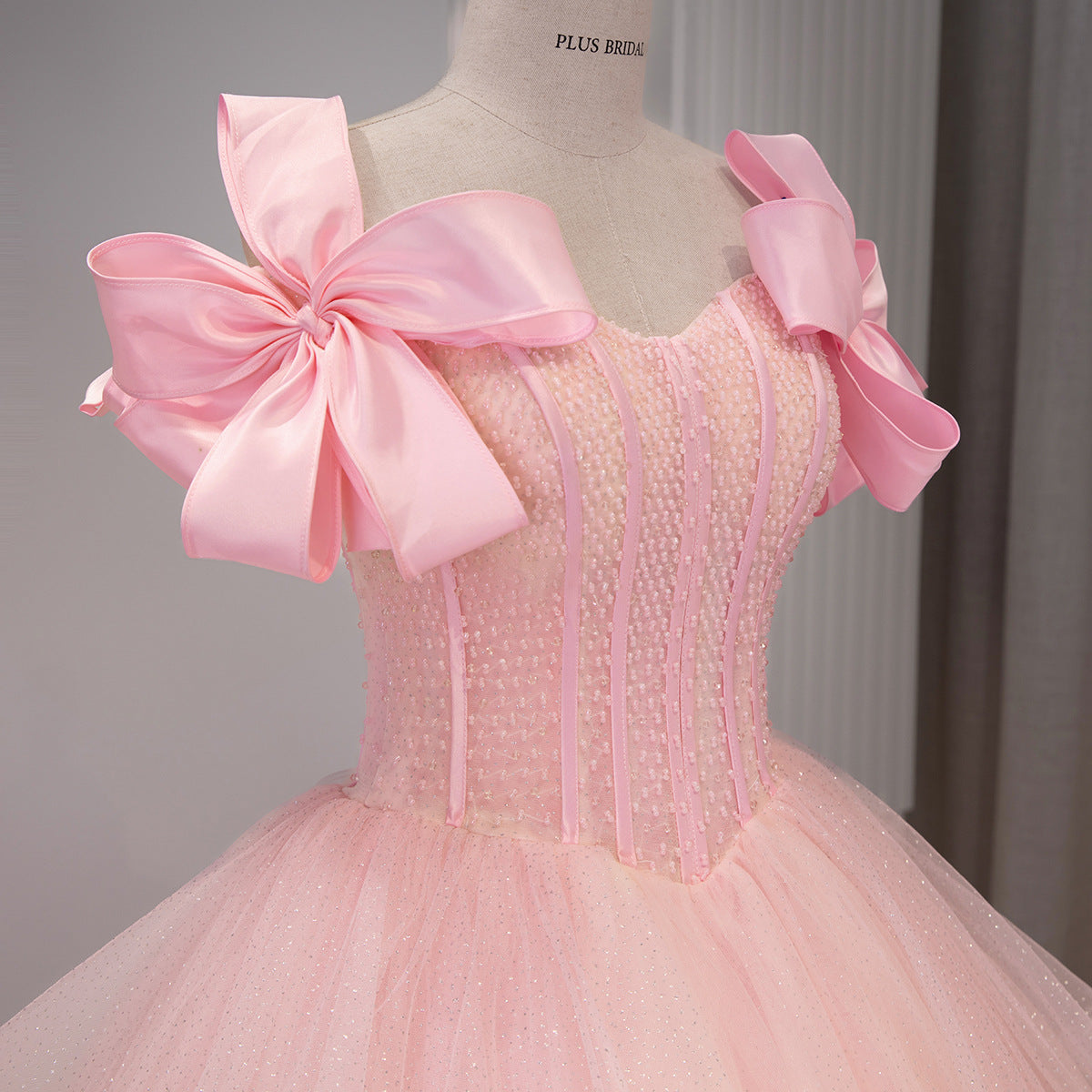 Pink Glitter Tulle Off-Shoulder Bow Sleeves Ball Gown - Bow Bodice Detail
