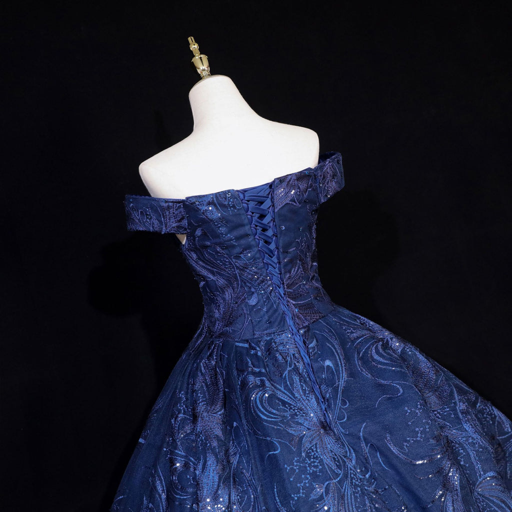 Navy Blue Sequin Peacock Feather Ball Gown - Back View Lace-Up