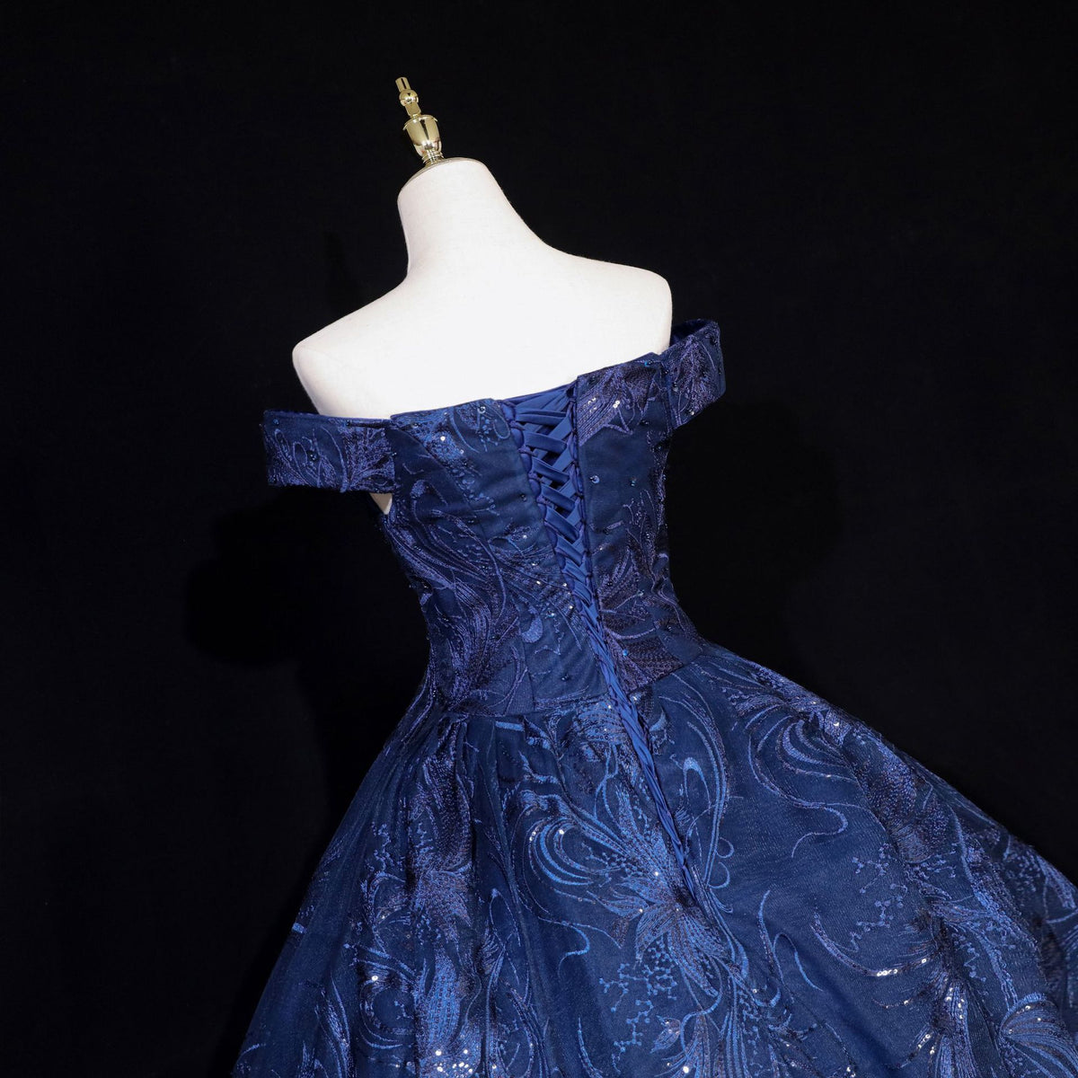 Navy Blue Sequin Peacock Feather Ball Gown - Back View Lace-Up