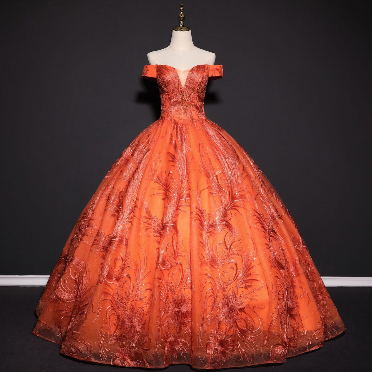 Orange Sequin Peacock Feather Ball Gown - Front View Mannequin