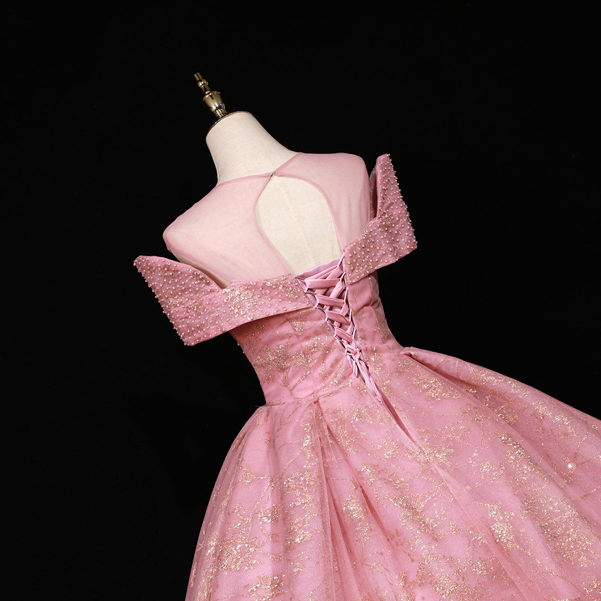 Pink Beaded Off-Shoulder Glitter Tulle Ball Gown - Back View Lace-Up