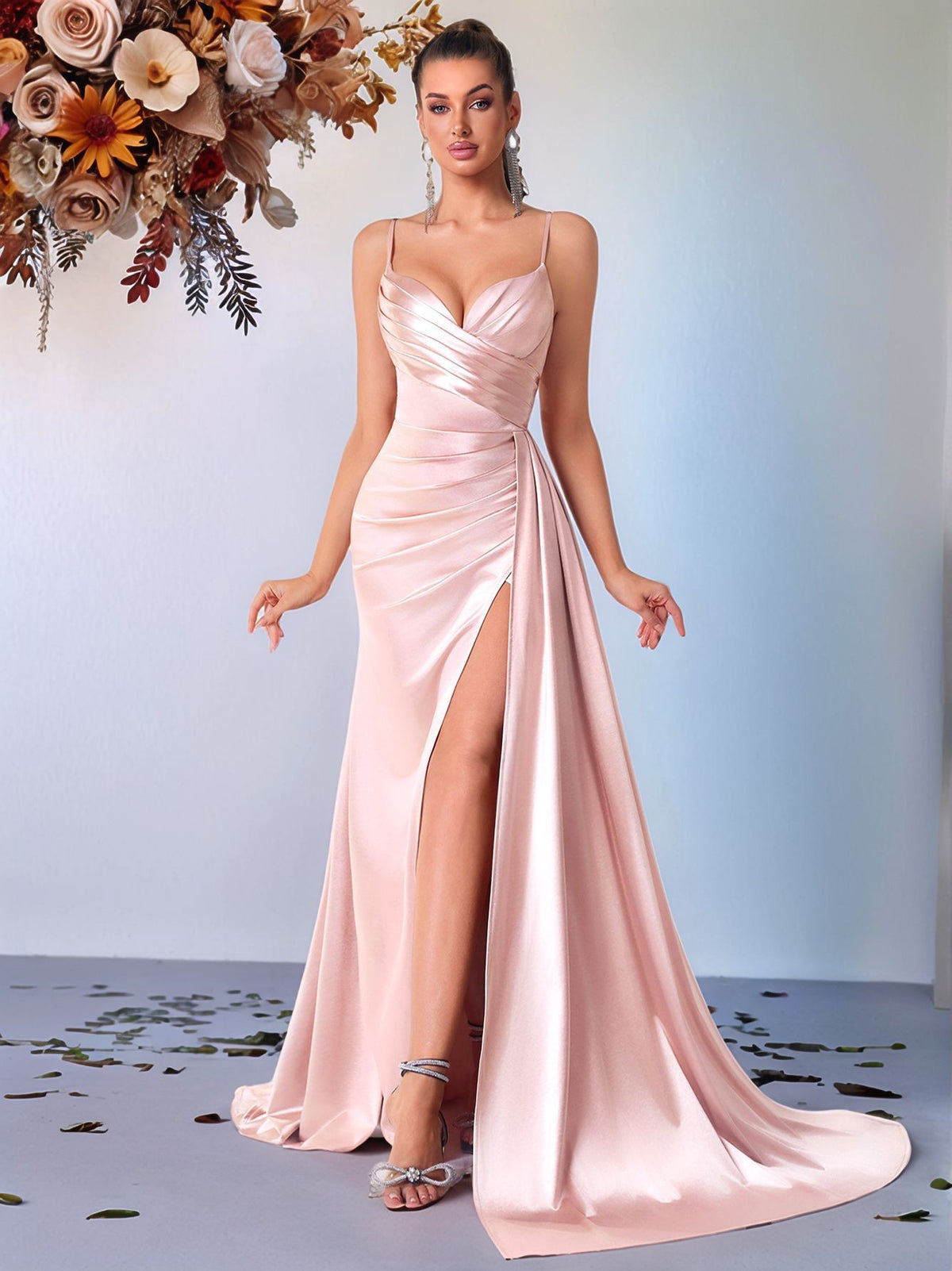 Spaghetti Strap Satin Gown - Blush Pink Front View