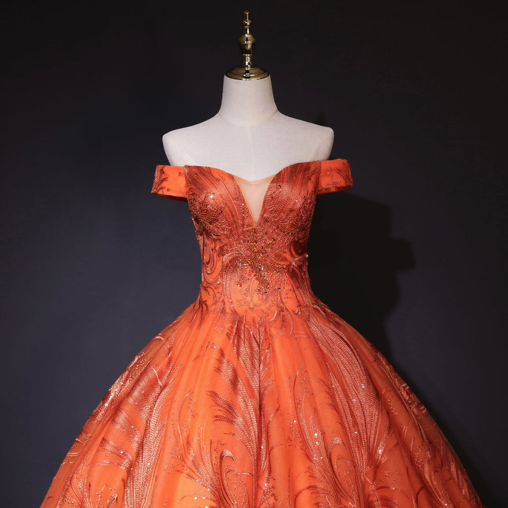 Orange Sequin Peacock Feather Ball Gown - Bodice Detail