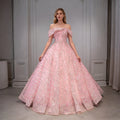 Pink Beaded Sequin Wave Stripe Off-Shoulder Ball Gown - Front View Model