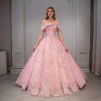Pink Beaded Sequin Wave Stripe Off-Shoulder Ball Gown - Front View Model