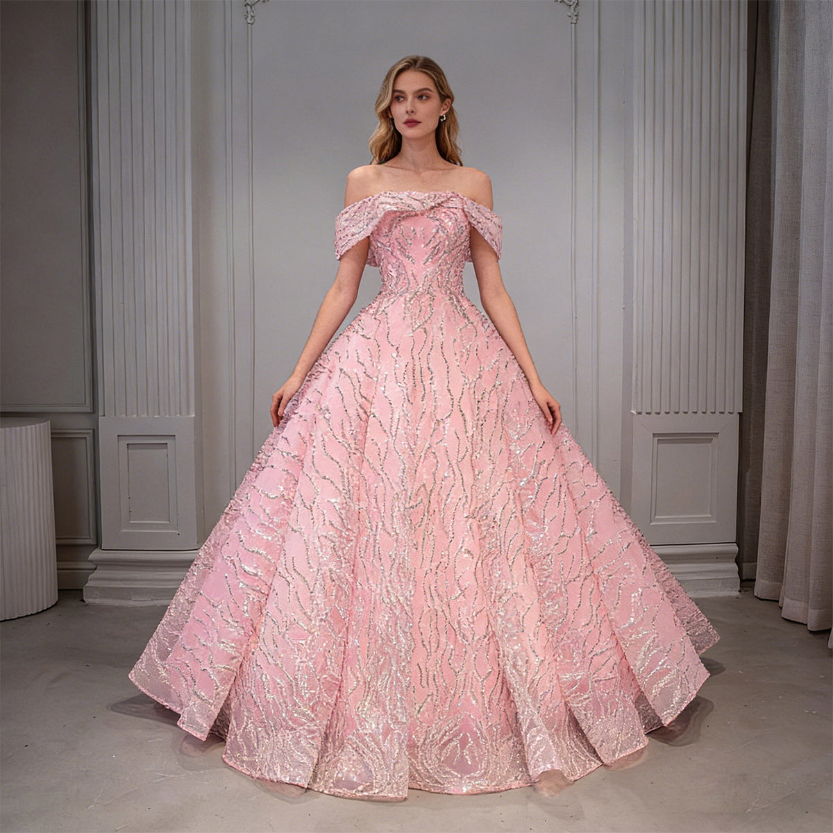 Pink Beaded Sequin Wave Stripe Off-Shoulder Ball Gown - Front View Model