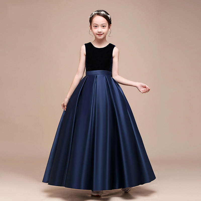 Velvet Bateau Neckline Satin Bow-Back Floor-Length Flower Girl Dress XU00196