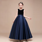 Velvet Bateau Neckline Satin Bow-Back Floor-Length Flower Girl Dress XU00196