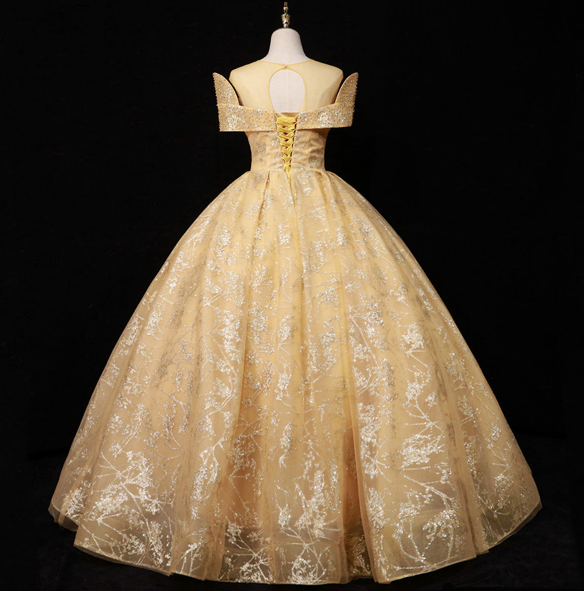 Champagne Beaded Off-Shoulder Glitter Tulle Ball Gown - Back View