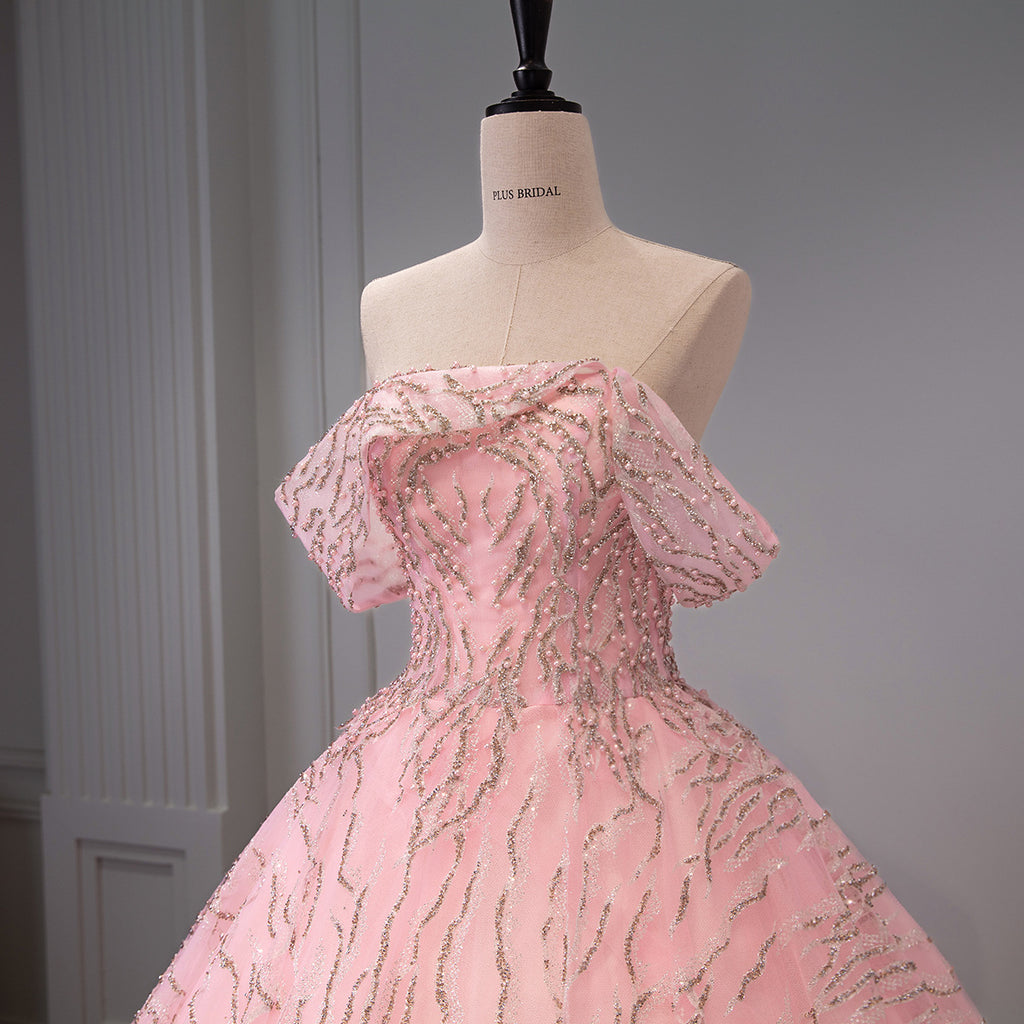 Pink Beaded Sequin Wave Stripe Off-Shoulder Ball Gown - Front View Mannequin Upper