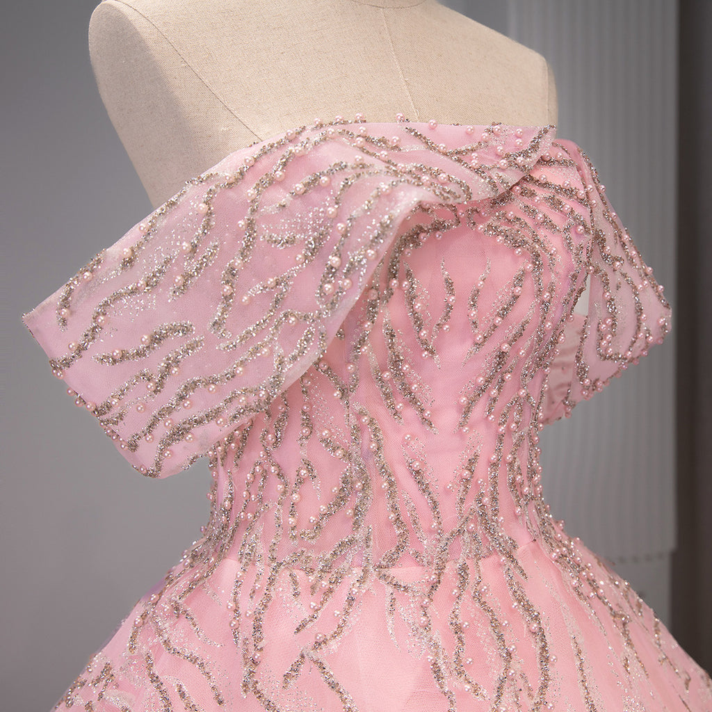 Pink Beaded Sequin Wave Stripe Off-Shoulder Ball Gown - Bodice Wave Detail