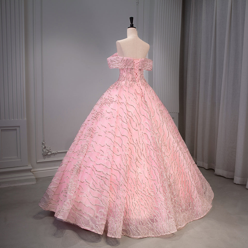 Pink Beaded Sequin Wave Stripe Off-Shoulder Ball Gown - Back View