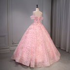 Pink Beaded Sequin Wave Stripe Off-Shoulder Ball Gown - Back View