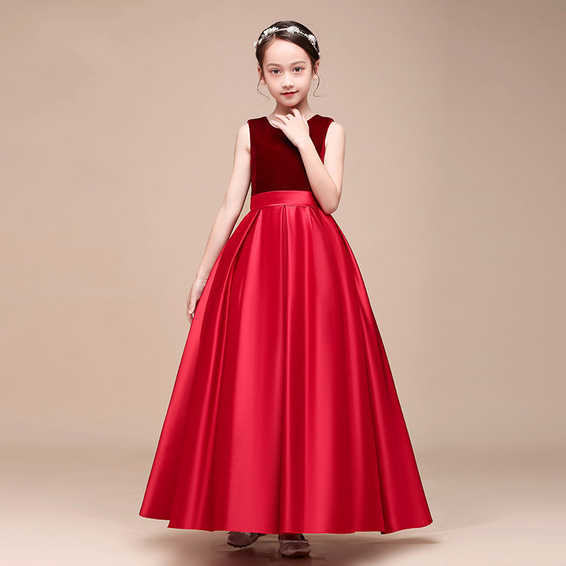 Velvet Bateau Neckline Satin Bow-Back Floor-Length Flower Girl Dress XU00196