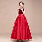 Velvet Bateau Neckline Satin Bow-Back Floor-Length Flower Girl Dress XU00196